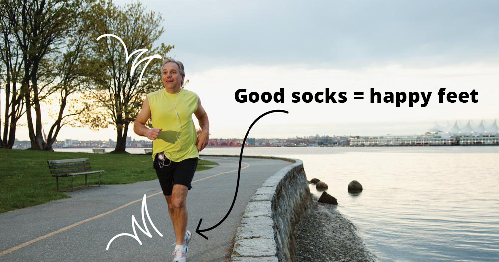 A man jogs next to a river. Text says: Good socks = happy feet.